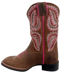 Bota Texana Feminina Durango Bico Quadrado Marrom Com Bordado Rosa