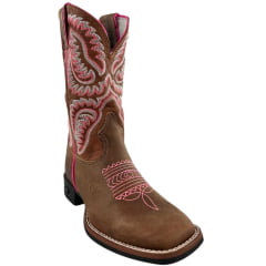 Bota Texana Feminina Durango Bico Quadrado Marrom Com Bordado Rosa