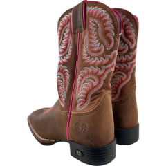 Bota Texana Feminina Durango Bico Quadrado Marrom Com Bordado Rosa