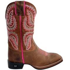 Bota Texana Feminina Durango Bico Quadrado Marrom Com Bordado Rosa