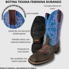 Bota Texana Feminina Durango Couro Fóssil Havana Cano Azul Rosa Com Florão