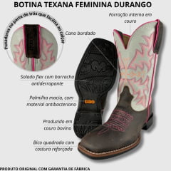 Bota Texana Feminina Durango Couro Fóssil Havana Cano Gelo com Bordado Rosa