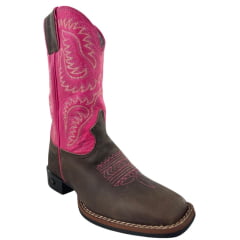 Bota Texana Feminina Durango Marrom Bico Quadrado Cano Bordado Pink