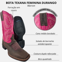 Bota Texana Feminina Durango Marrom Bico Quadrado Cano Bordado Pink