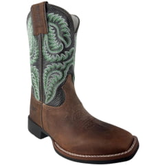 Bota Texana Feminina Durango Marrom Bico Quadrado Cano Bordado Verde