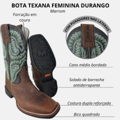 Bota Texana Feminina Durango Marrom Bico Quadrado Cano Bordado Verde