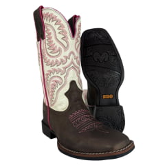 Bota Texana Feminina Durango Marrom Cano Branco/Rosa Solado Flex Bico Quadrado