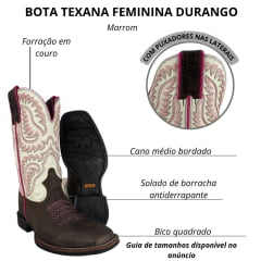 Bota Texana Feminina Durango Marrom Cano Branco/Rosa Solado Flex Bico Quadrado
