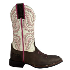 Bota Texana Feminina Durango Marrom Cano Branco/Rosa Solado Flex Bico Quadrado