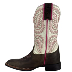 Bota Texana Feminina Durango Marrom Cano Branco/Rosa Solado Flex Bico Quadrado