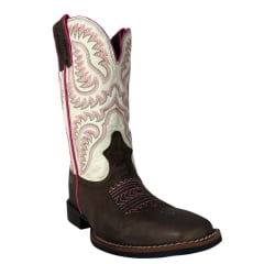 Bota Texana Feminina Durango Marrom Cano Branco/Rosa Solado Flex Bico Quadrado