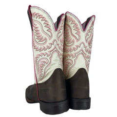 Bota Texana Feminina Durango Marrom Cano Branco/Rosa Solado Flex Bico Quadrado