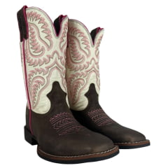 Bota Texana Feminina Durango Marrom Cano Branco/Rosa Solado Flex Bico Quadrado