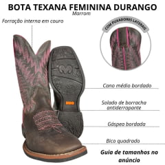 Bota Texana Feminina Durango Marrom Cano Com Bordado Rosa