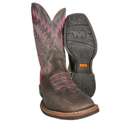 Bota Texana Feminina Durango Marrom Cano Com Bordado Rosa