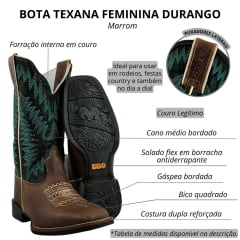 Bota Texana Feminina Durango Marrom Cano Preto Com Bordado Verde