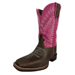 Bota Texana Feminina Durango Marrom Cano Rosa Bordado Branco e Rosa