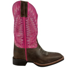 Bota Texana Feminina Durango Marrom Cano Rosa Bordado Branco e Rosa