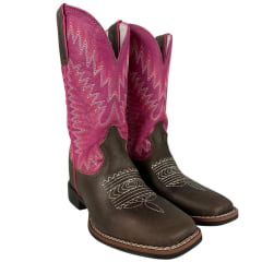 Bota Texana Feminina Durango Marrom Cano Rosa Bordado Branco e Rosa