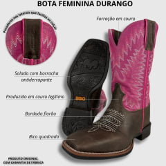 Bota Texana Feminina Durango Marrom Cano Rosa Bordado Branco e Rosa