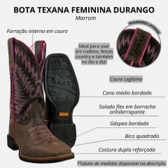 Bota Texana Feminina Durango Marrom Com Bordado Rosa