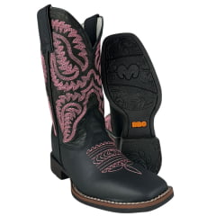 Bota Texana Feminina Durango Preta Bordado Rosa Solado Flex Bico Quadrado