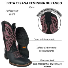 Bota Texana Feminina Durango Preta Bordado Rosa Solado Flex Bico Quadrado