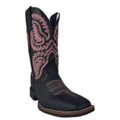 Bota Texana Feminina Durango Preta Bordado Rosa Solado Flex Bico Quadrado