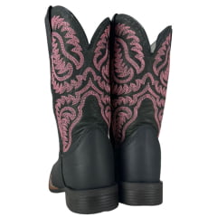 Bota Texana Feminina Durango Preta Bordado Rosa Solado Flex Bico Quadrado