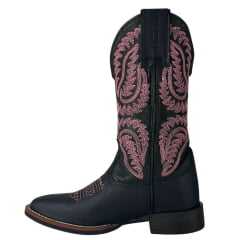 Bota Texana Feminina Durango Preta Bordado Rosa Solado Flex Bico Quadrado