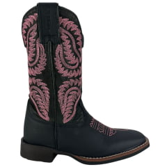 Bota Texana Feminina Durango Preta Bordado Rosa Solado Flex Bico Quadrado
