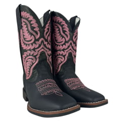 Bota Texana Feminina Durango Preta Bordado Rosa Solado Flex Bico Quadrado