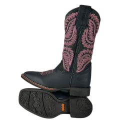 Bota Texana Feminina Durango Preta Bordado Rosa Solado Flex Bico Quadrado