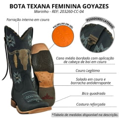 Bota Texana Feminina Goyazes Couro Dallas Marinho Noite Bordado Azul Claro REF: 203260-CC-04