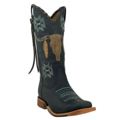 Bota Texana Feminina Goyazes Couro Dallas Marinho Noite Bordado Azul Claro REF: 203260-CC-04