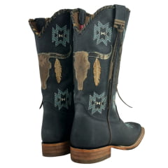 Bota Texana Feminina Goyazes Couro Dallas Marinho Noite Bordado Azul Claro REF: 203260-CC-04
