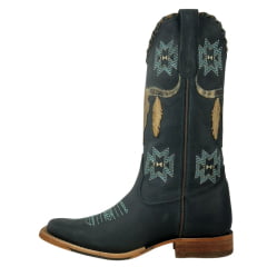 Bota Texana Feminina Goyazes Couro Dallas Marinho Noite Bordado Azul Claro REF: 203260-CC-04