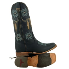 Bota Texana Feminina Goyazes Couro Dallas Marinho Noite Bordado Azul Claro REF: 203260-CC-04