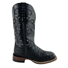 Bota Texana Feminina Goyazes Barriga De Jacaré Preto Quadrado Couro Mustang REF: 256408-JF