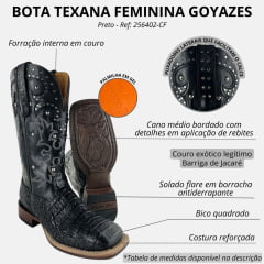 Bota Texana Feminina Goyazes Barriga De Jacaré Preto Quadrado Couro Mustang REF: 256408-JF