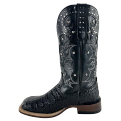 Bota Texana Feminina Goyazes Barriga De Jacaré Preto Quadrado Couro Mustang REF: 256408-JF