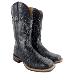 Bota Texana Feminina Goyazes Barriga De Jacaré Preto Quadrado Couro Mustang REF: 256408-JF