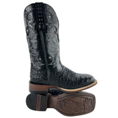 Bota Texana Feminina Goyazes Barriga De Jacaré Preto Quadrado Couro Mustang REF: 256408-JF