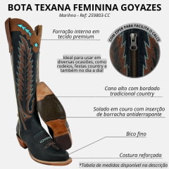 Bota Texana Feminina Goyazes Bico Fino Alto Fashion Couro Dallas Marinho Ref 259802-CC
