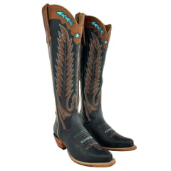 Bota Texana Feminina Goyazes Bico Fino Alto Fashion Couro Dallas Marinho Ref 259802-CC