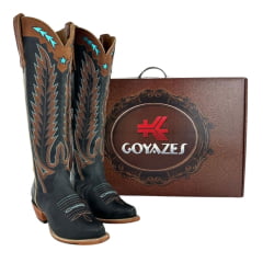 Bota Texana Feminina Goyazes Bico Fino Alto Fashion Couro Dallas Marinho Ref 259802-CC