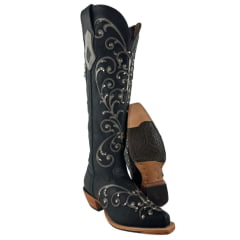 Bota Texana Feminina Goyazes Bico Fino Cano Alto Fashion Couro Bison Preto Bordado Em Couro E Tachinhas Ref: 259804-CC
