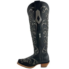Bota Texana Feminina Goyazes Bico Fino Cano Alto Fashion Couro Bison Preto Bordado Em Couro E Tachinhas Ref: 259804-CC