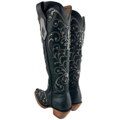 Bota Texana Feminina Goyazes Bico Fino Cano Alto Fashion Couro Bison Preto Bordado Em Couro E Tachinhas Ref: 259804-CC