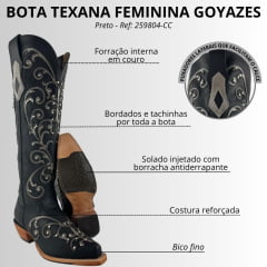 Bota Texana Feminina Goyazes Bico Fino Cano Alto Fashion Couro Bison Preto Bordado Em Couro E Tachinhas Ref: 259804-CC